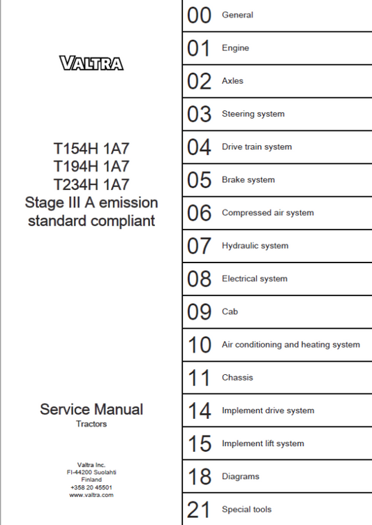 Valtra T154 H 1A7, T194 H 1A7, T234 H 1A7 Tractors (Stage III A) Service Repair Manual Workshop Guide