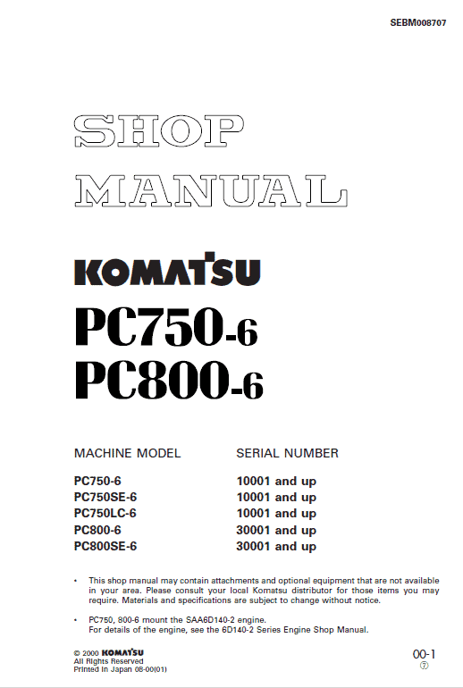 Komatsu PC750-6, PC750LC-6, PC800-6 Excavator Service Manual Workshop Guide