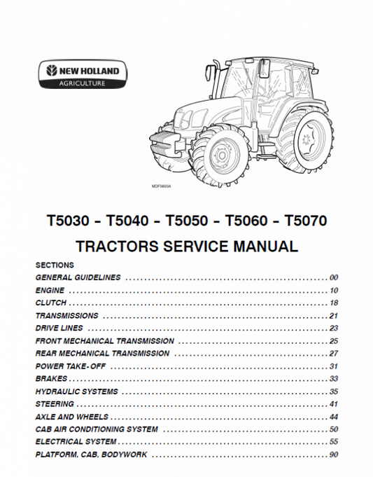 New Holland T5030, T5040, T5050, T5060, T5070 Tractor Service Manual Workshop Guide