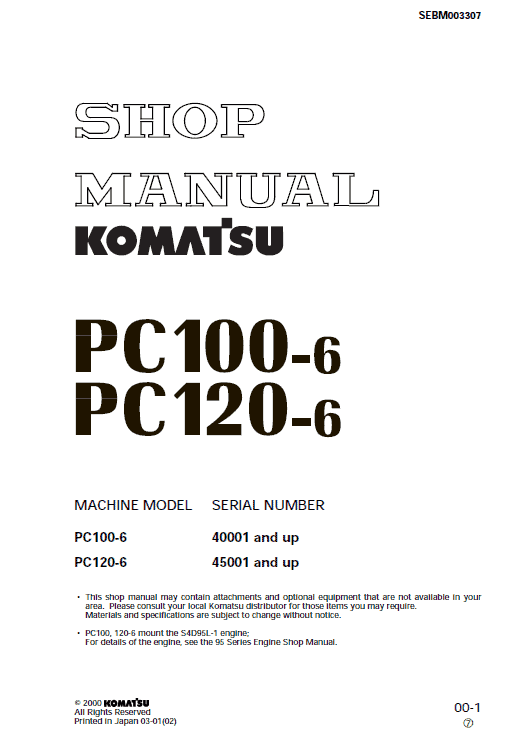 Komatsu PC100-6, PC120-6, PC120LC-6, PC130-6 Excavator Manual Workshop Guide