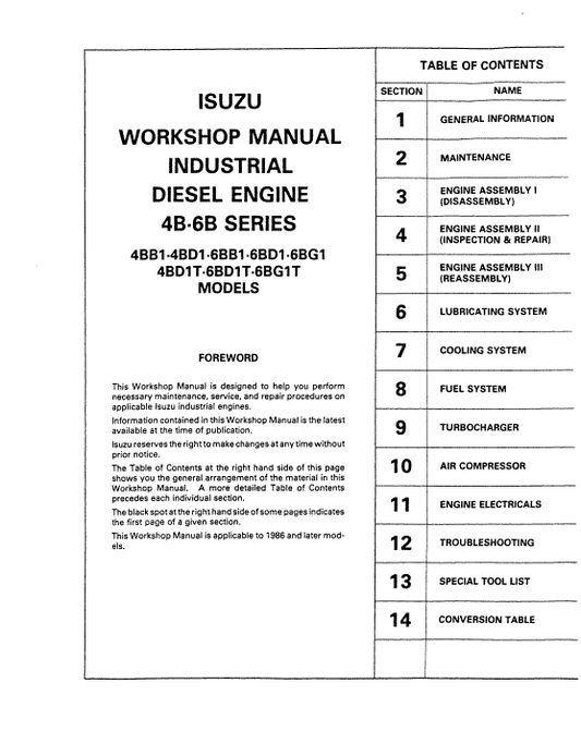 Isuzu 6BB1, 6BD1, 6BG1, 6BD1T, 6BG1T Engine Workshop Manual Workshop Guide