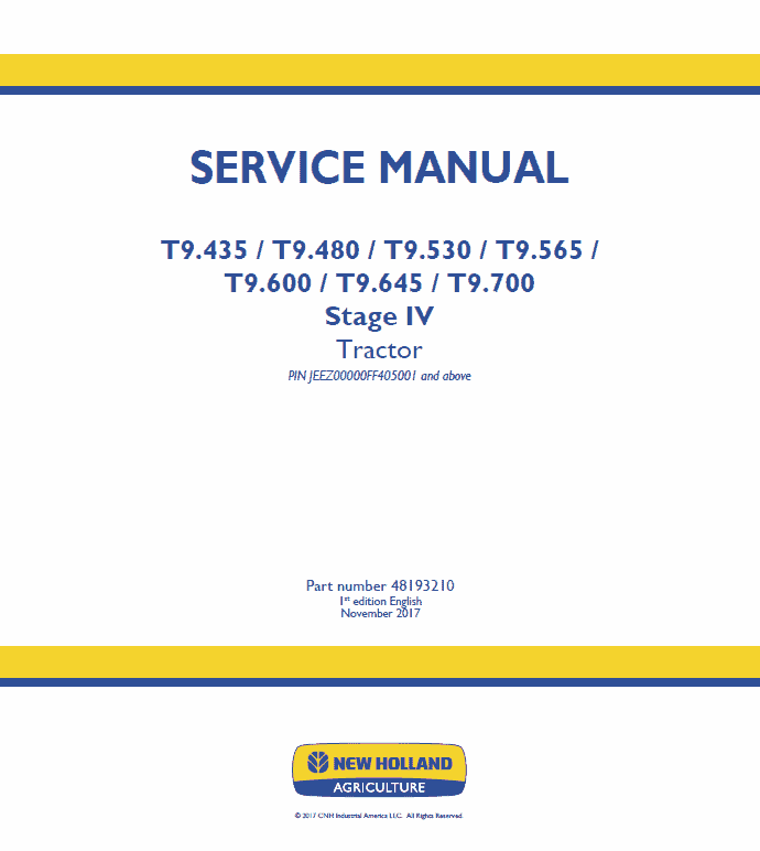 New Holland T9.435, T9.480, T9.530, T9.565 Tractor Service Manual Workshop Guide