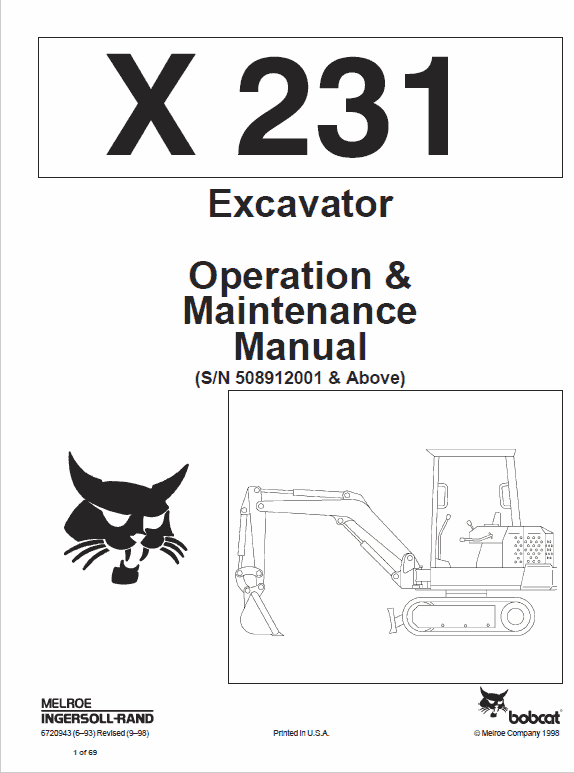 Bobcat X231 Excavator Service Manual Workshop Guide
