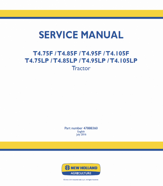 New Holland T4.75LP, T4.85LP, T4.95LP, T4.105LP Tractor Service Manual Workshop Guide