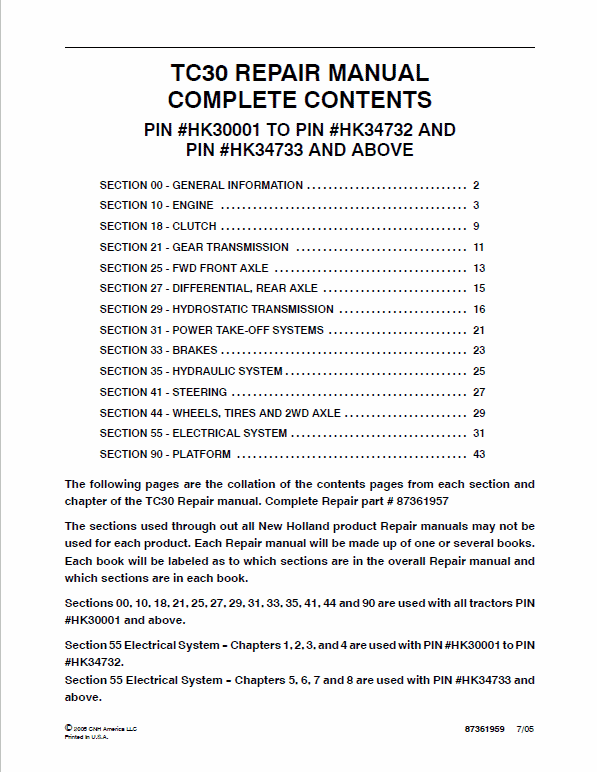 New Holland TC30 Tractor Service Manual Workshop Guide