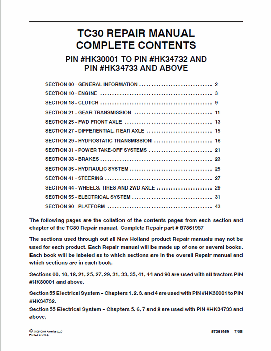New Holland TC30 Tractor Service Manual Workshop Guide