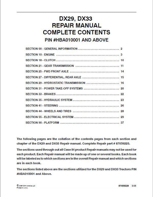 Case DX25, DX29, DX33 Tractor Service Manual Workshop Guide