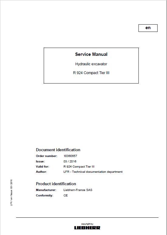 Liebherr R924 and R924 Tier 3 Compact Excavator Service Manual