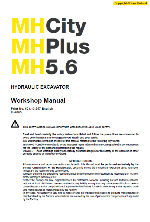 New Holland MH5.6, MH City and MH Plus Excavator Manual Workshop Guide