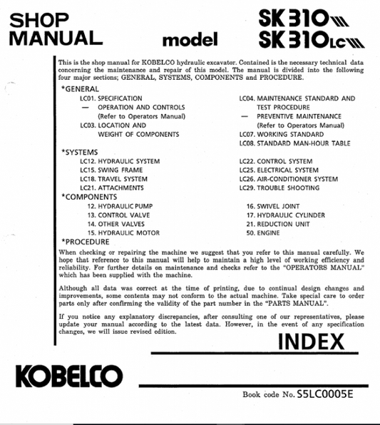Kobelco SK310 and SK310LC Excavator Service Manual Workshop Guide