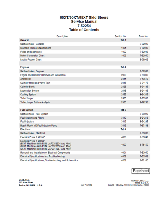 Case 85XT, 90XT, 95XT SkidSteer Service Repair Manual Workshop Guide
