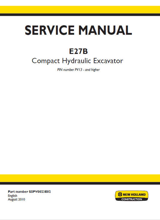 New Holland E27B Compact Excavator Service Manual Workshop Guide