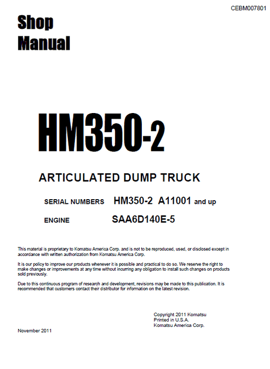 Komatsu HM350-2 Dump Truck Service Manual Workshop Guide