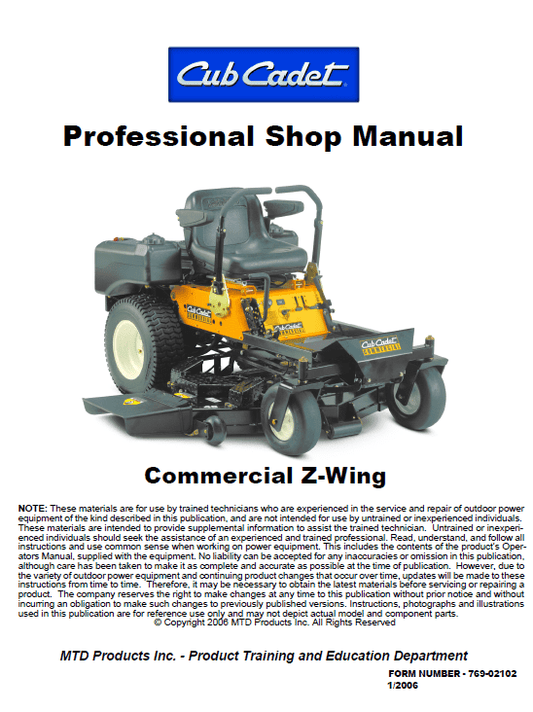 Cub Cadet Z-Wing Series Service Manual Workshop Guide
