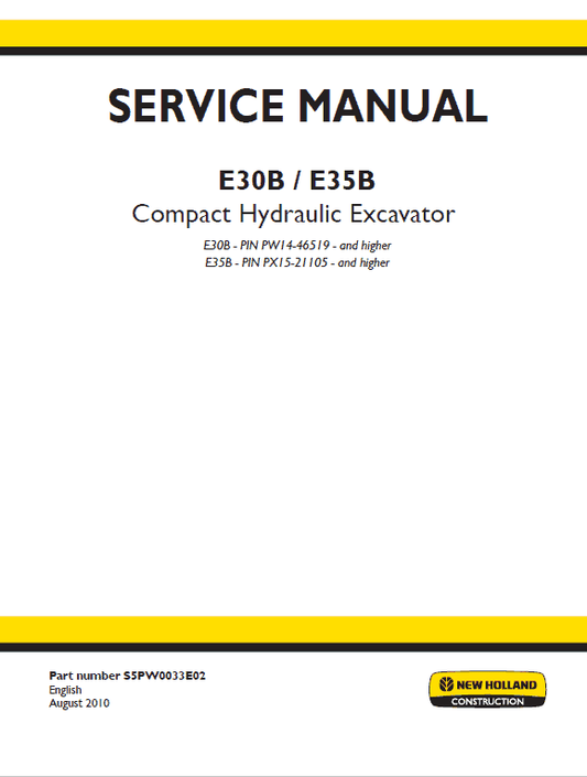 New Holland E30B and E35B Compact Excavator Service Manual Workshop Guide
