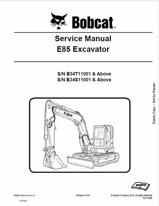 Bobcat E85 Excavator Repair Service Manual