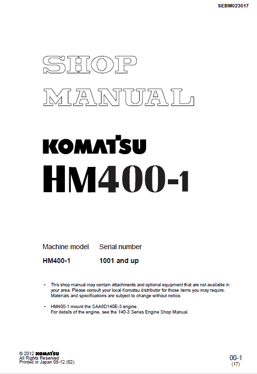 Komatsu HM400-1 Dump Truck Service Manual Workshop Guide