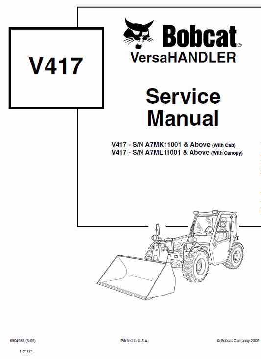 Bobcat V417 VersaHANDLER Telescopic Service Manual Workshop Guide