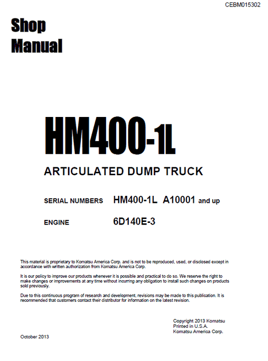 Komatsu HM400-1L Dump Truck Service Manual Workshop Guide