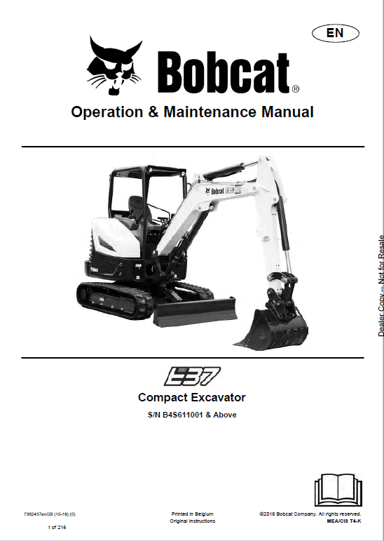 Bobcat E37 Excavator Repair Service Manual