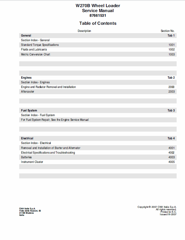 New Holland W270B Wheel Loader Service Manual Workshop Guide