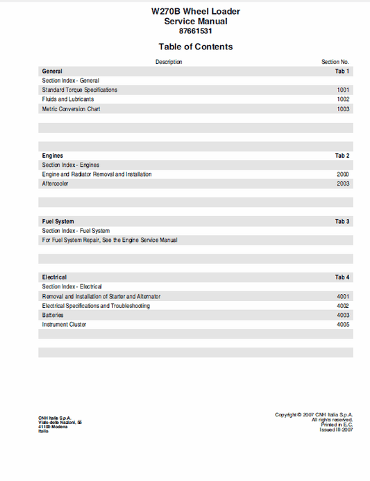 New Holland W270B Wheel Loader Service Manual Workshop Guide