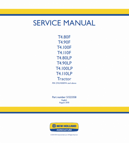 New Holland T4.80LP, T4.90LP, T4.100LP, T4.110LP Tractor Service Manual Workshop Guide