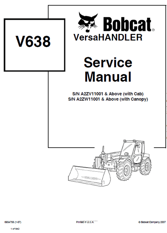 Bobcat V638 VersaHANDLER Telescopic Service Manual Workshop Guide