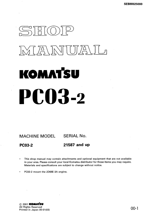 Komatsu PC03-2 Excavator Service Manual Workshop Guide