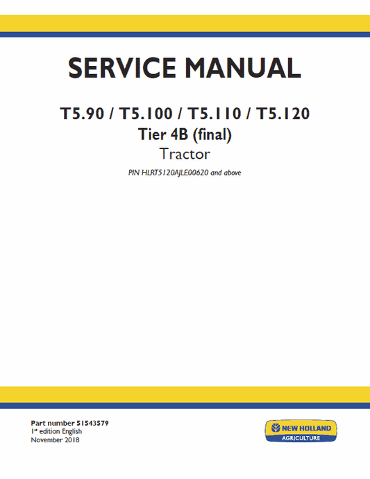 New Holland T5.90, T5.100, T5.110, T5.120 Tractor Service Manual Workshop Guide