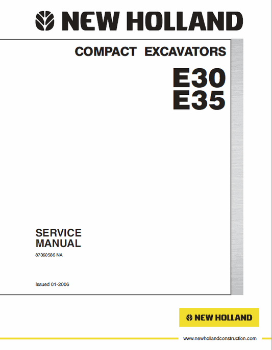 New Holland E30, E35 Compact Excavator Service Manual Workshop Guide