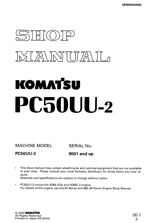 Komatsu PC50UU-2 Excavator Service Manual Workshop Guide