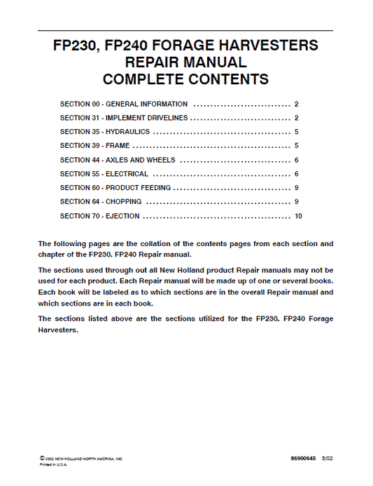 New Holland FP230, FP240 Forage Harvesters Service Manual Workshop Guide
