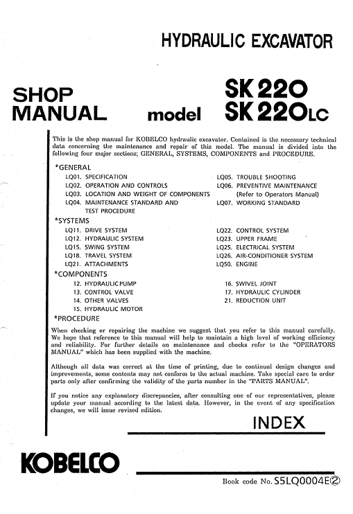 Kobelco SK220 and SK220LC Excavator Service Manual Workshop Guide