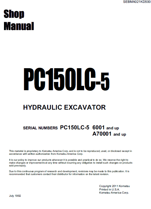 Komatsu PC150LC-5 Excavator Service Manual Workshop Guide