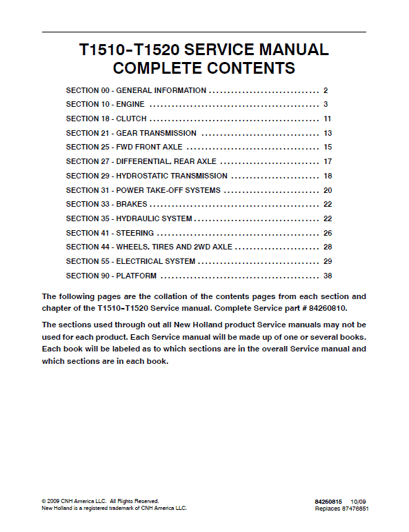 New Holland T1510, T1520 Tractor Service Manual Workshop Guide