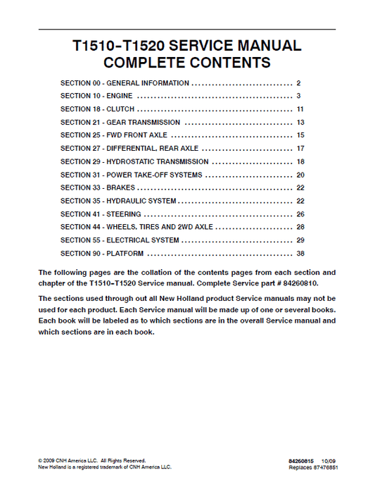 New Holland T1510, T1520 Tractor Service Manual Workshop Guide
