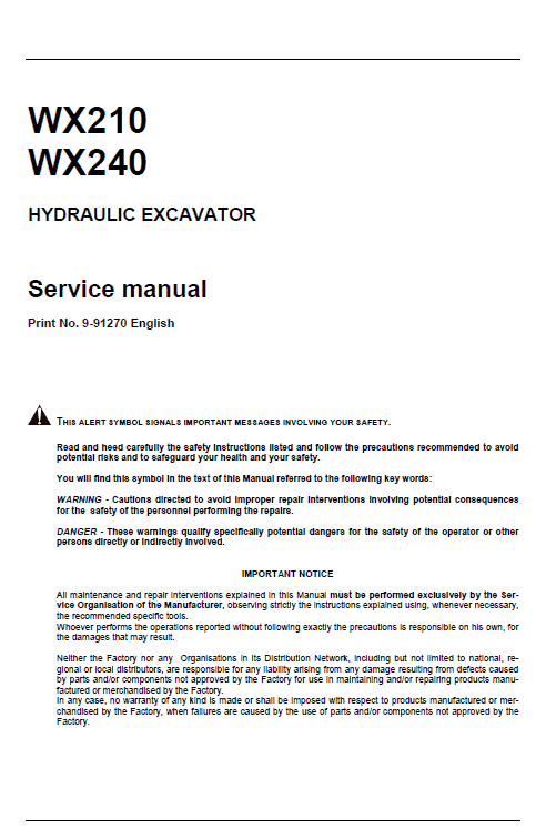 Case WX210 and WX240 Excavator Service Manual Workshop Guide