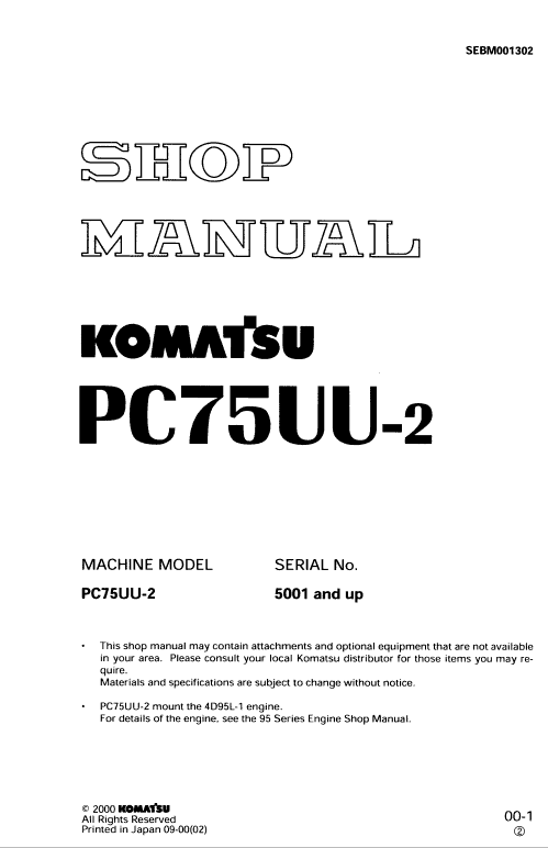 Komatsu PC75UU-2 Excavator Service Manual Workshop Guide