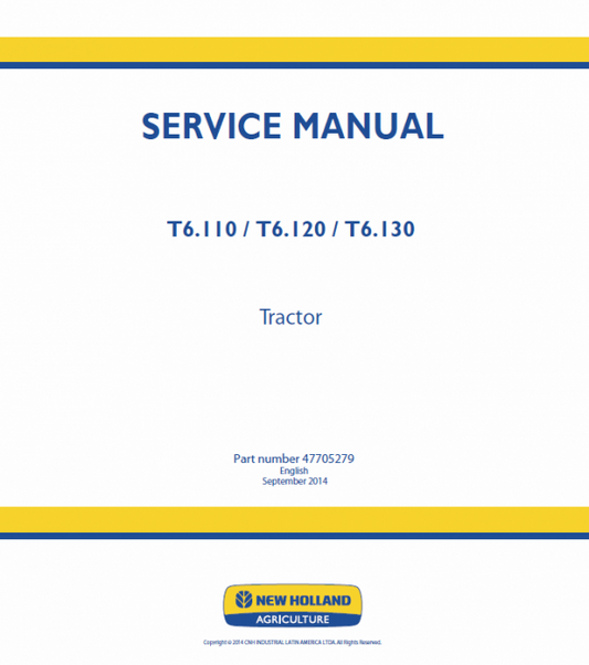 New Holland T6.110, T6.120, T6.130 Tractor Service Manual Workshop Guide
