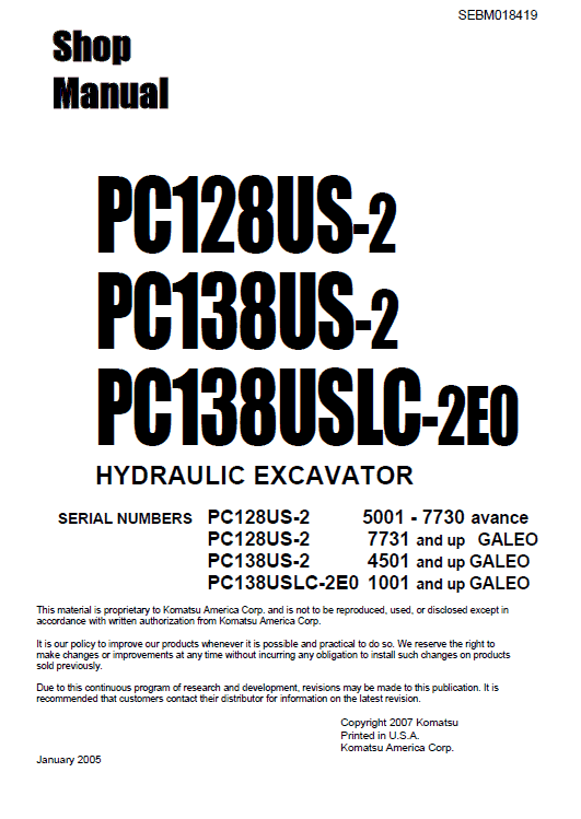 Komatsu PC128US-2, PC138US-2 and PCN138USLC-2E0 Excavator Manual Workshop Guide