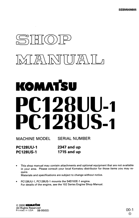Komatsu PC128UU-1 and PC128US-1 Excavator Service Manual Workshop Guide