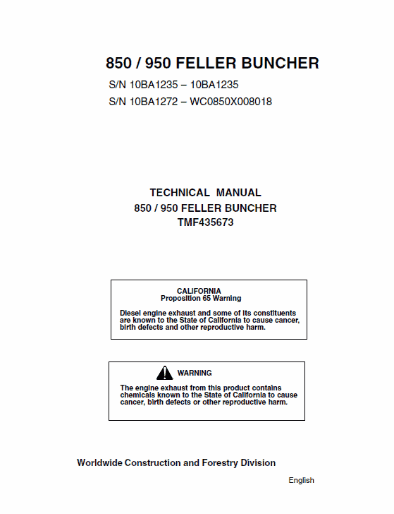John Deere Timberjack 850, 950 Feller Buncher Technical Manual Workshop Guide