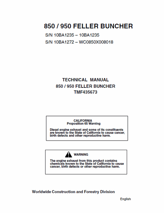 John Deere Timberjack 850, 950 Feller Buncher Technical Manual Workshop Guide