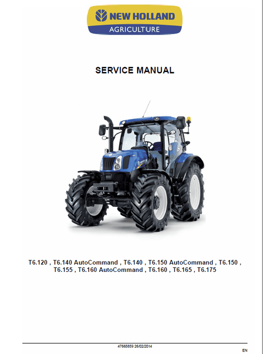 New Holland T6.125, T6.140, T6.145, T6.150, T6.155 Tractor Service Manual Workshop Guide