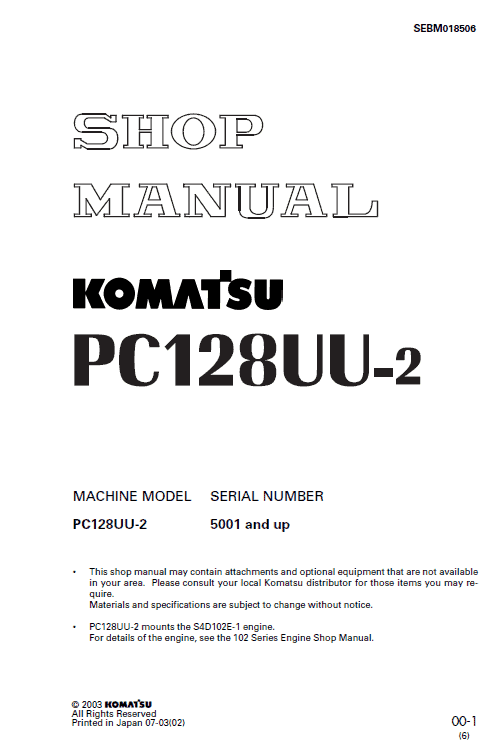Komatsu PC128UU-2 Excavator Service Manual Workshop Guide
