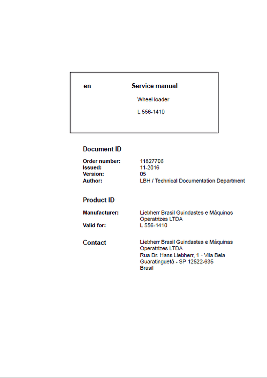 Liebherr L556 Type 1410 Wheel Loader Service Manual