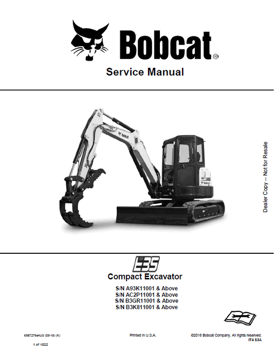Bobcat E35 Compact Excavator Service Manual Workshop Guide