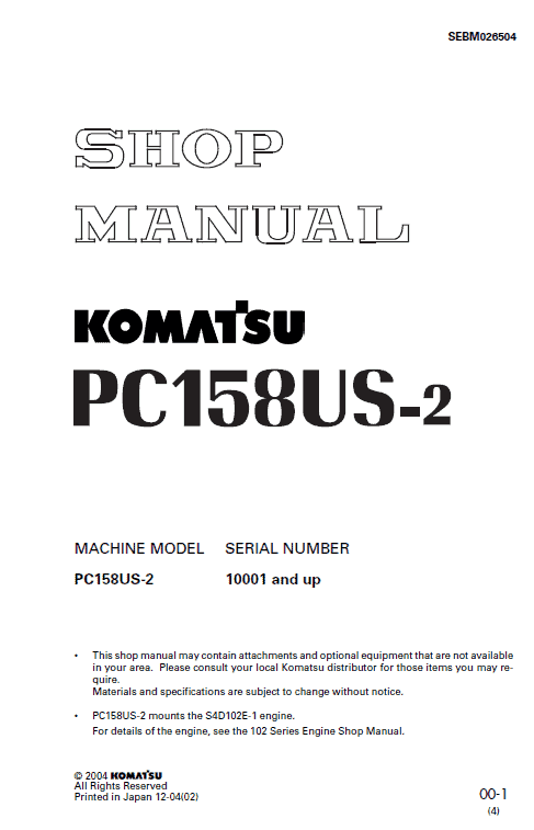 Komatsu PC158US-2 Excavator Service Manual Workshop Guide