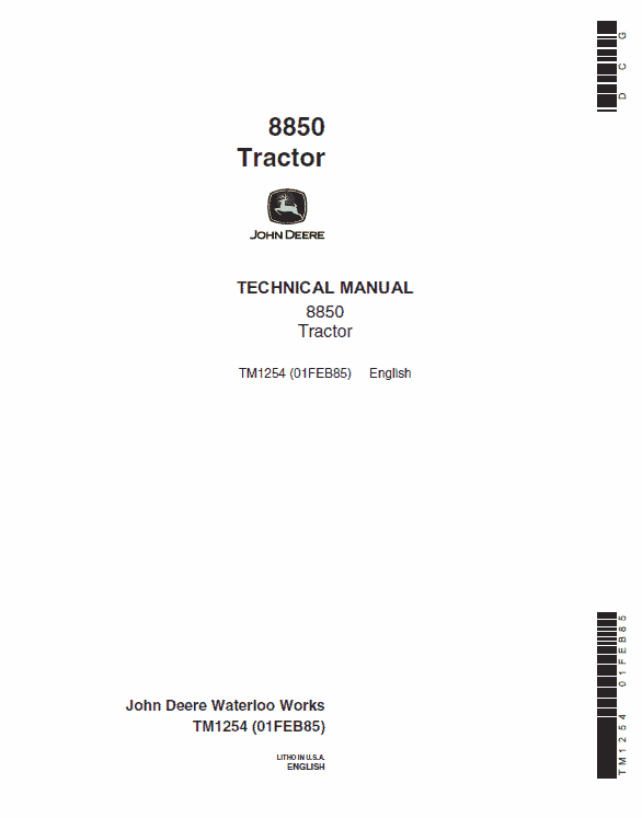 John Deere 8850 Tractor Technical Manual (TM1254 and TM1256) Workshop Guide